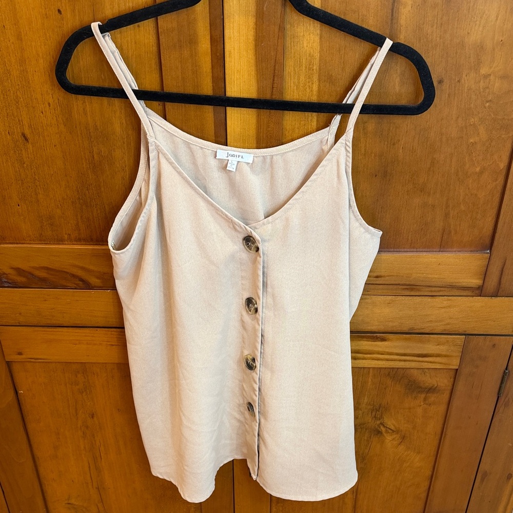 JODIFL Light Tan Button-Down, Loose V-Neck Tank Top